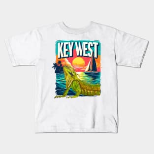 Key West Vibes with Iguana in the foreground. - WelshDesigns Kids T-Shirt